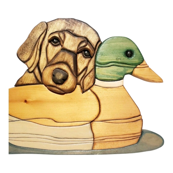 Lab And Duck Wood Intarsia Wall Hanging  Handcrafted Scroll Saw Art. - Picture 2 of 11